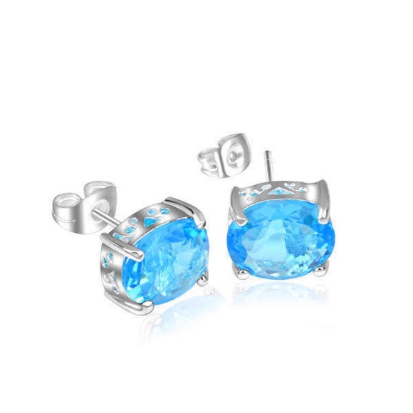Luxurious 2ct Blue Topaz 925 Sterling Silver Oval Stud Handmade Earrings - Picture 5 of 10